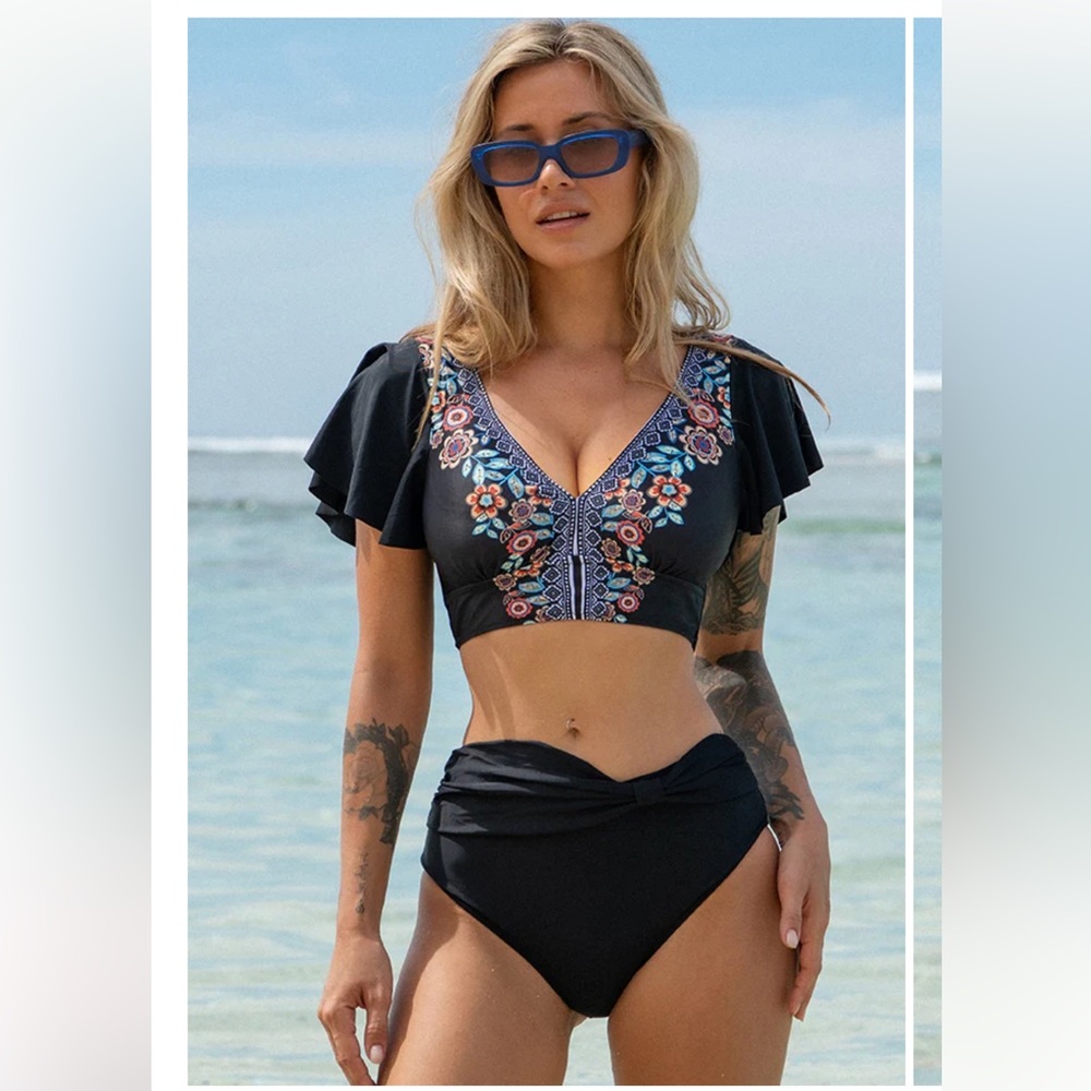 Black Embroidered V-Neck Flutter Sleeve Bikini Top & High Waist Bottoms